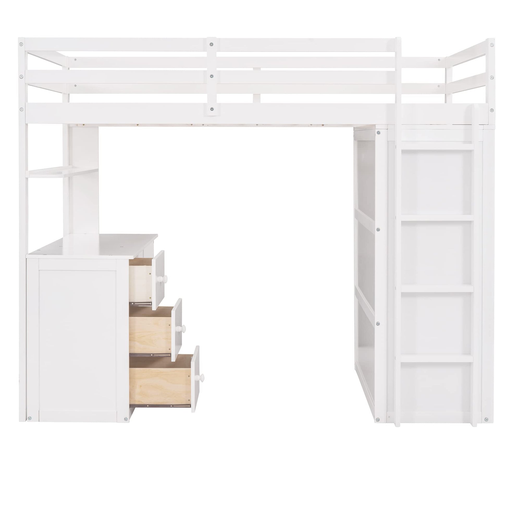 Stylish Twin Loft Bed with Desk and Wardrobe for Kids and Teens, White Wood Frame with Storage Drawers - WoodArtSupply