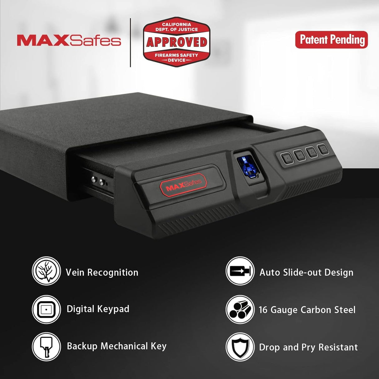 MAXSafes Slide-away handgun safe with Biometric Finger Vein Lock, Quick-Access, Under Desk Drawer Gun Safe for Home and Vehicle, 2 Pistols Safe Box, CA DOJ Approved (Store 50) MAXSafes