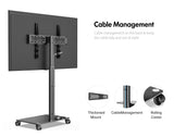 FITUEYES Mobile TV Stand with Wheels for 32-60 65Inch TV Screen, Rolling TV Floor Stand with Mount, TV Cart with Black Tempered Glass Base & Wire Management, Holds 66 lbs FITUEYES