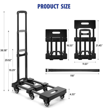 KEDSUM Upgraded Folding Hand Truck, 600lbs Heavy Duty Foldable Dolly Cart, Adjustable Handle Luggage Cart, Utility Cart with 6 Wheels & 2 Lashing Straps for Airport, Travel, Moving, Shopping, Office