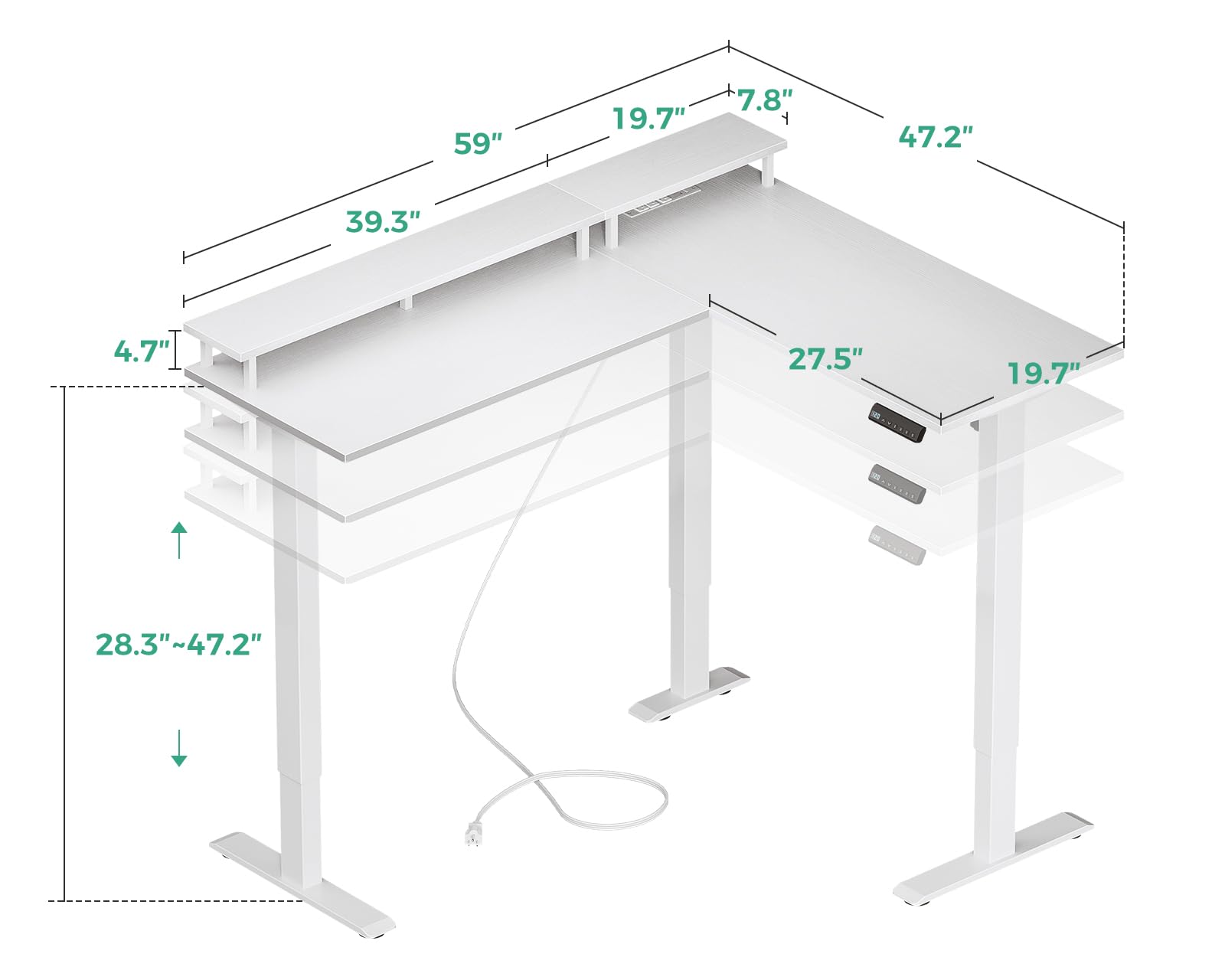 AODK Electric L-Shaped Standing Desk, Height Adjustable Office Desk with Monitor Stand, Sit-Stand Desk with Power Outlets, Large Lift Table for Home, Office, Workstation, White - WoodArtSupply