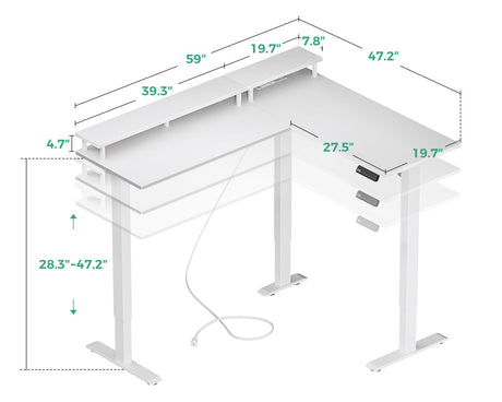 AODK Electric L-Shaped Standing Desk, Height Adjustable Office Desk with Monitor Stand, Sit-Stand Desk with Power Outlets, Large Lift Table for Home, Office, Workstation, White AODK