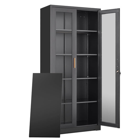 71''Glass Display Cabinet, Black Curio Cabinet With Lock, Display Case with 4 Adjustable Shelves, China Cabinets with Glass Doors,Showcase Display Cabinet ,Tall Liquor Bookshelf for Home Office Pantry