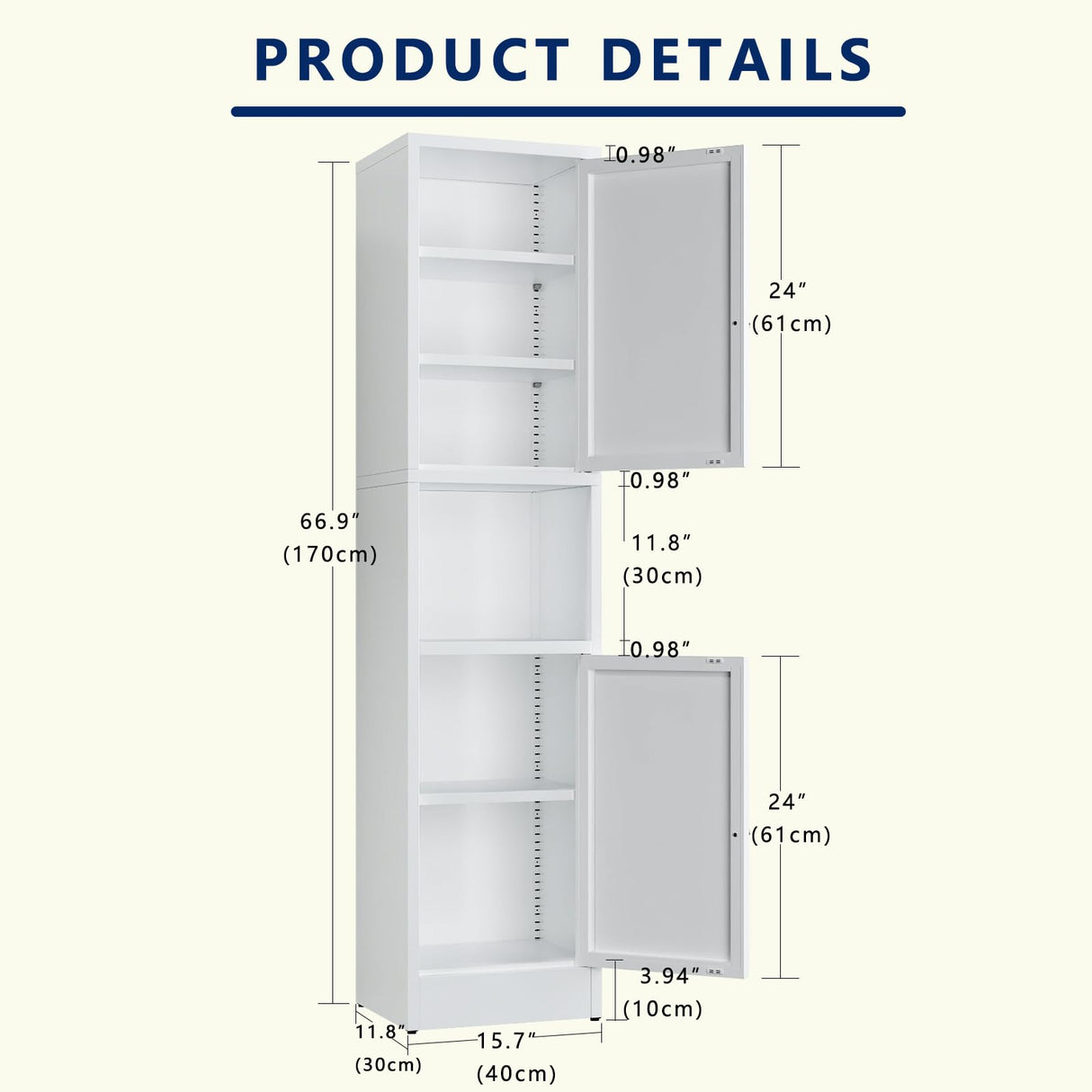YAUWOH Tall Metal Storage Cabinet, Metal Locker Storage Cabinet with 3 Adjustable Shelves and 2 Doors,Sideboard for Small Spaces, Living Room, Home Office, Dining Room,White YAUWOH