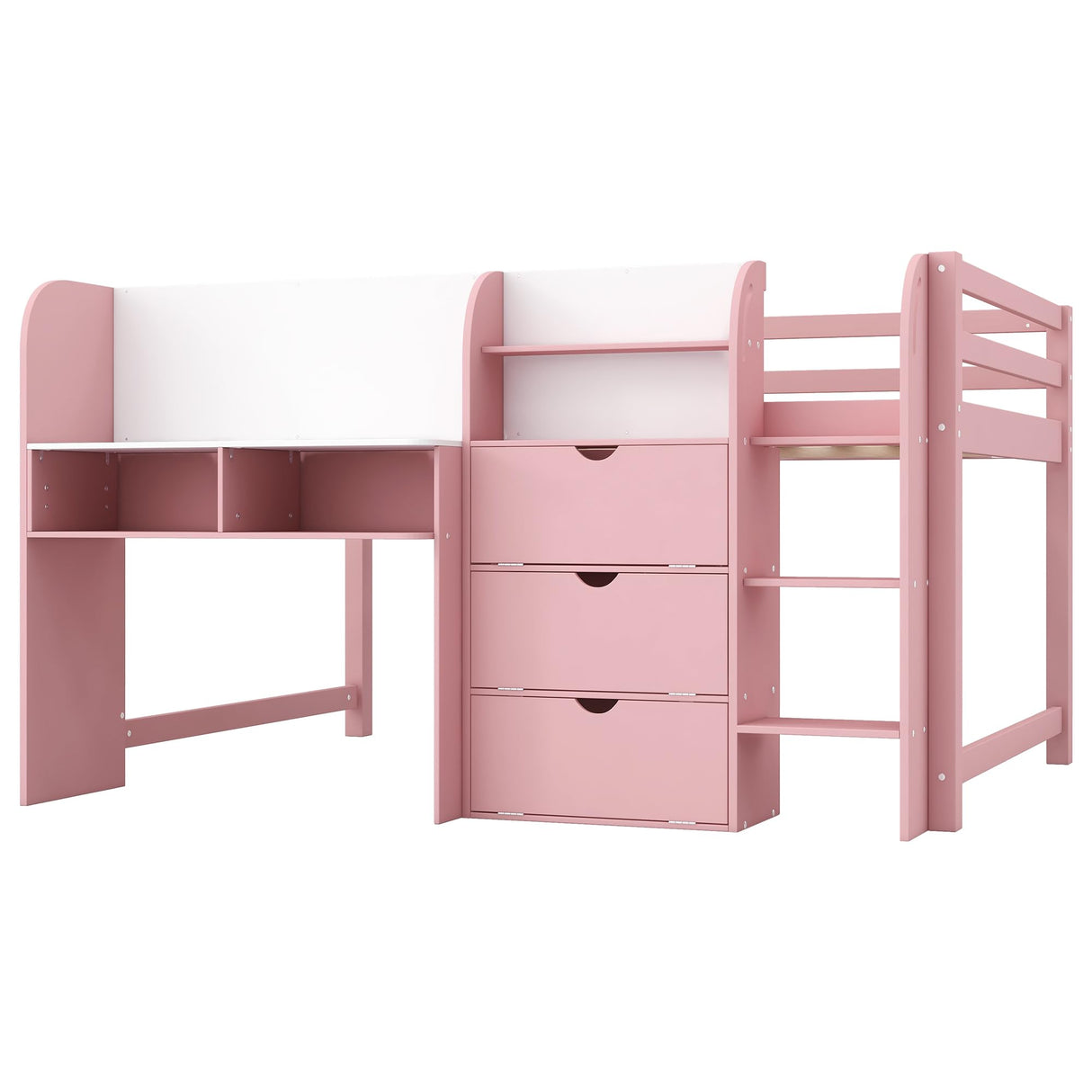 Bellemave Full Size Low Loft Bed,Kids Loft Bed with Storage Cabinets and Open Bookcase,No Box Spring Need, Solid Wood Low Loft Bed Frame for Kids Boys, Girls.(Pink) Bellemave