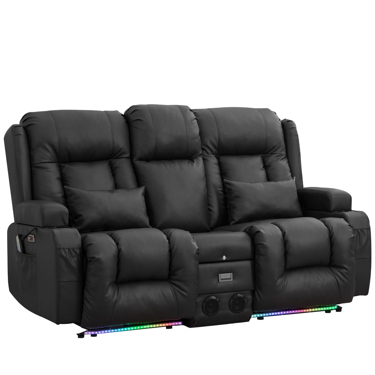 TUNYI Power Recliner Chair with Massage & Heat, Faux Leather Recliner Sofa Chair with LED Light, Home Recliner Theater Seating with USB Port/Lumbar Pillow/Cup Holder/Side Pocket (Black, Loveseat) TUNYI