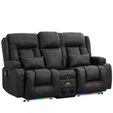 TUNYI Power Recliner Chair with Massage & Heat, Faux Leather Recliner Sofa Chair with LED Light, Home Recliner Theater Seating with USB Port/Lumbar Pillow/Cup Holder/Side Pocket (Black, Loveseat) TUNYI