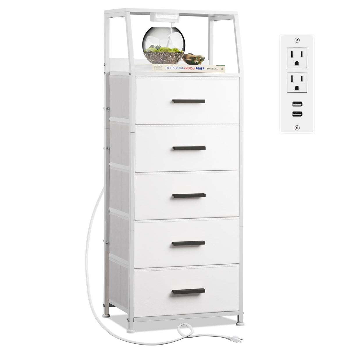 NASHZEN Nightstand 5 Drawer Dresser with Charging Station, Side Table with Fabric Drawers, End Table with Open Shelf, Tall Dresser for Bedroom, Hallway, Entryway NASHZEN