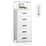 NASHZEN Nightstand 5 Drawer Dresser with Charging Station, Side Table with Fabric Drawers, End Table with Open Shelf, Tall Dresser for Bedroom, Hallway, Entryway NASHZEN