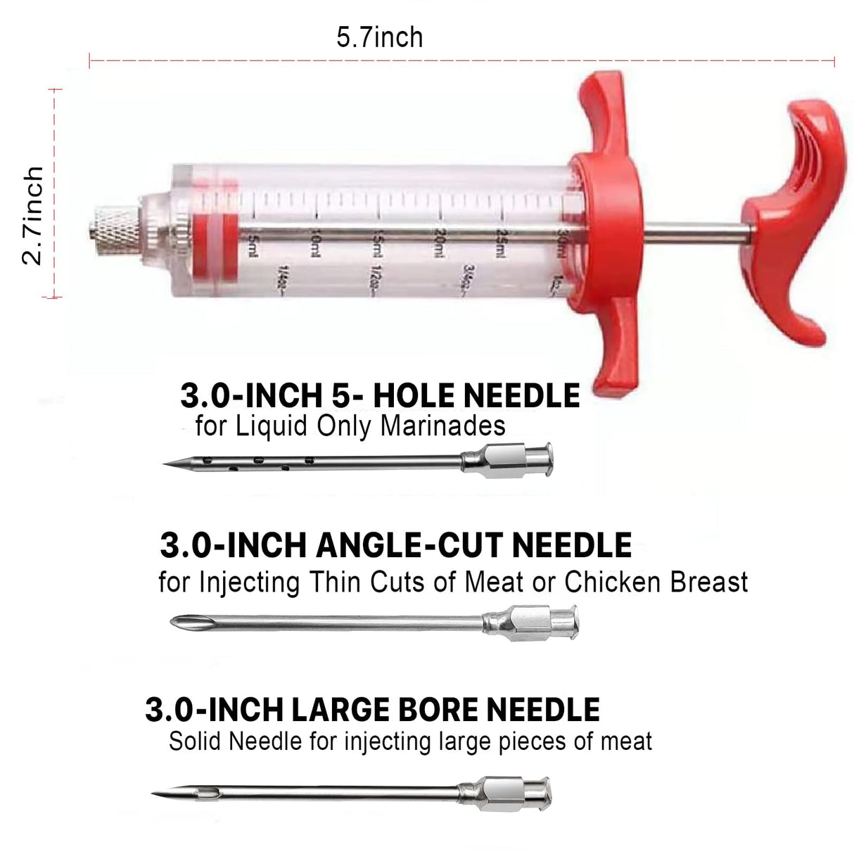 Meat Injector Syringe - 3 Marinade Injector Needles for BBQ Grill, Premium Portable Turkey Injector kit for Smoker,Marinades Injector for Meats With 1oz Large Capacity 1 Brush Easy to Use & Clean Red Kingsmile