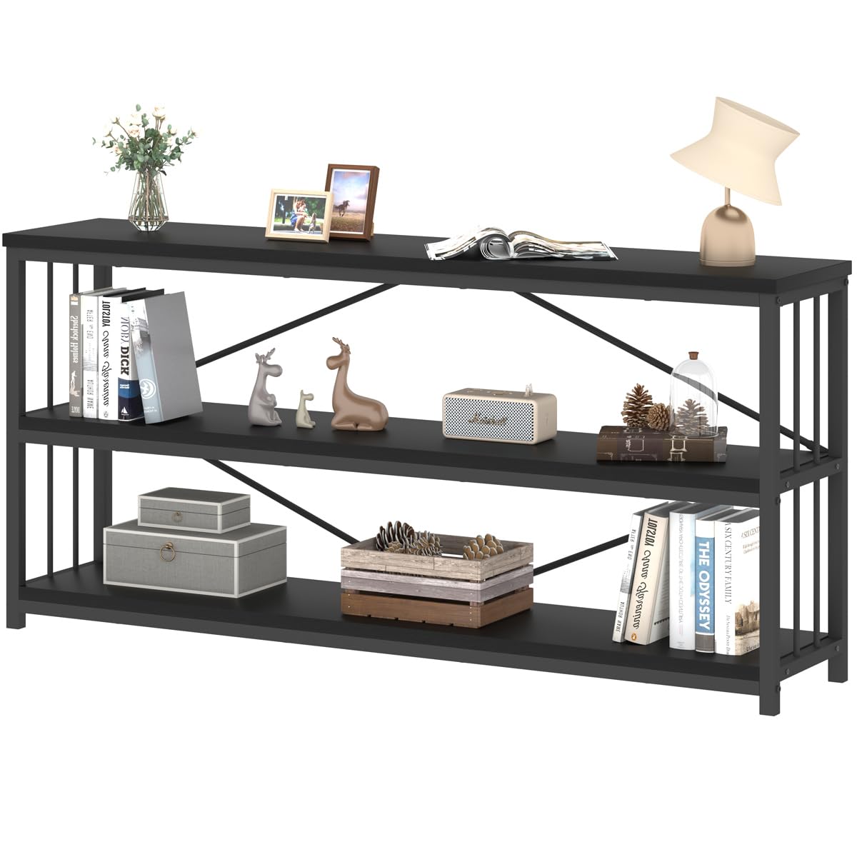 IBF 63" Black Oak Modern 3-Tier Low Horizontal Bookshelf - Stylish and Sturdy Etagere for Home and Office IBF