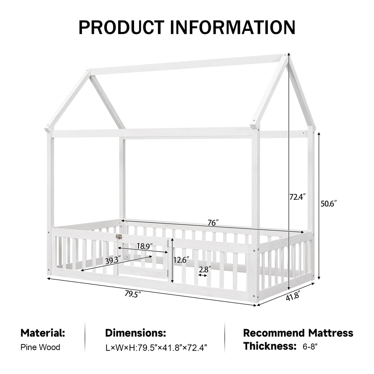 Merax Twin Size White House Bed with Fenced Design and Playful Door Merax