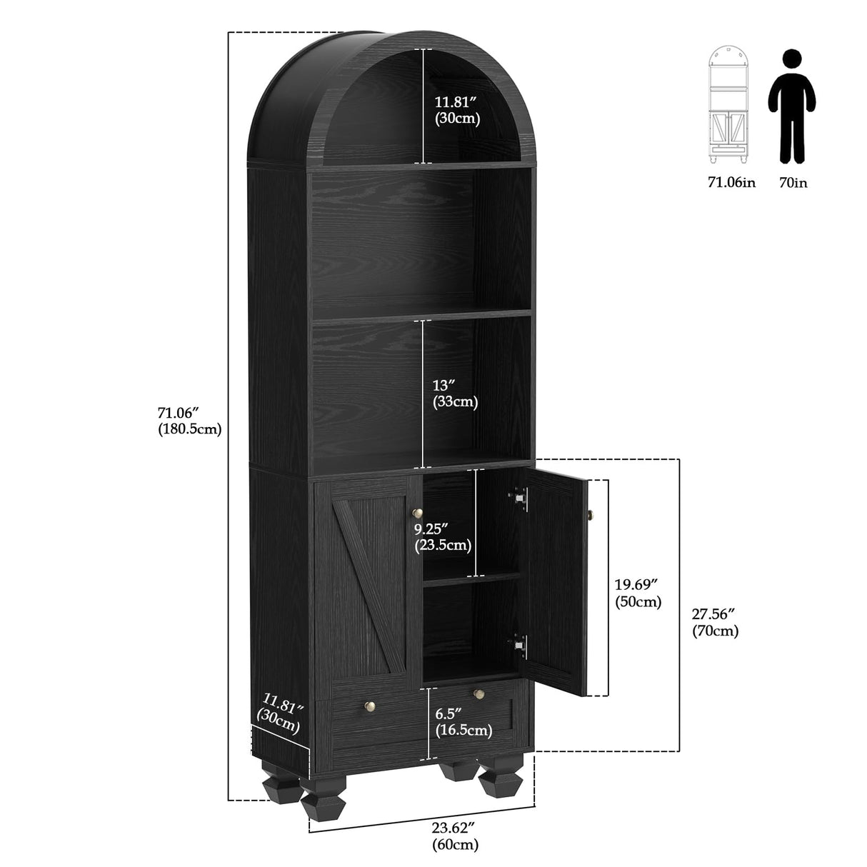 Giluta 71" Tall Arched Bookshelf Two Doors 5-Tier Storage Display Cabinet with Open Display Shelf & Drawer, Black Kitchen Pantry Cabinet for Living Room, Dining Room Giluta