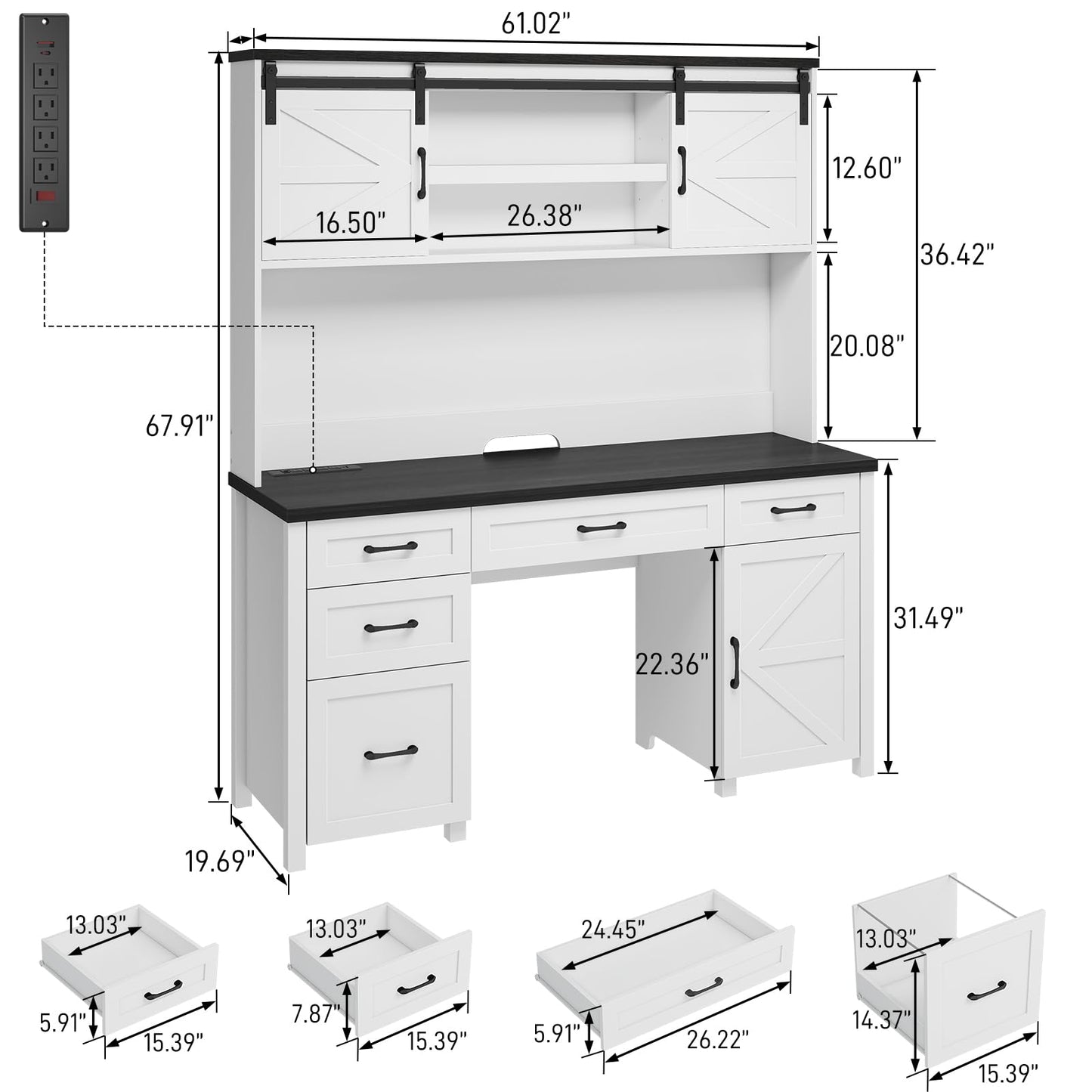 Farmhouse 67''H Executive Desk with Hutch & 5 Drawers, Rustic Office Desk Computer Desk with Charging Station, File Drawers and Storage Cabinets, Wood Workspace for Home Office & Study,Black - WoodArtSupply