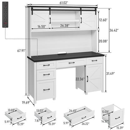 Farmhouse 67''H Executive Desk with Hutch & 5 Drawers, Rustic Office Desk Computer Desk with Charging Station, File Drawers and Storage Cabinets, Wood Workspace for Home Office & Study,Black - WoodArtSupply