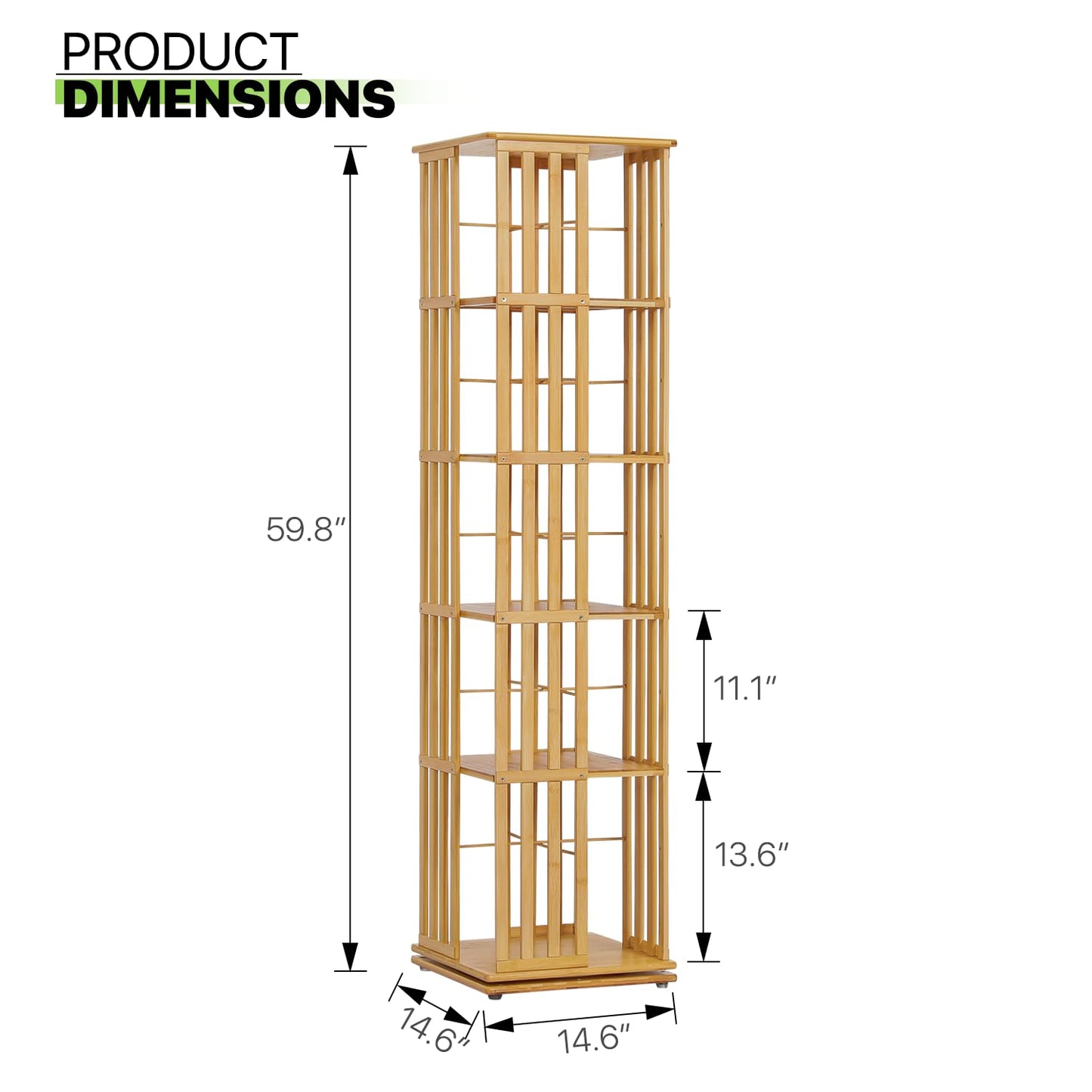 Magshion Rotating Bookcase 5-Tier Corner Shelf Bamboo Media Storage, 60" High Revolving Floor Standing Storage Organizer Living Room Bedroom 360 Degree Rotating Storage (Natural, Stripe Guardrail)