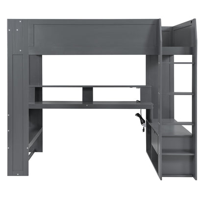 Merax Full Size Multifunctional Loft Bed with Gaming Desk, Storage and LED Charging Station – Dark Grey - WoodArtSupply