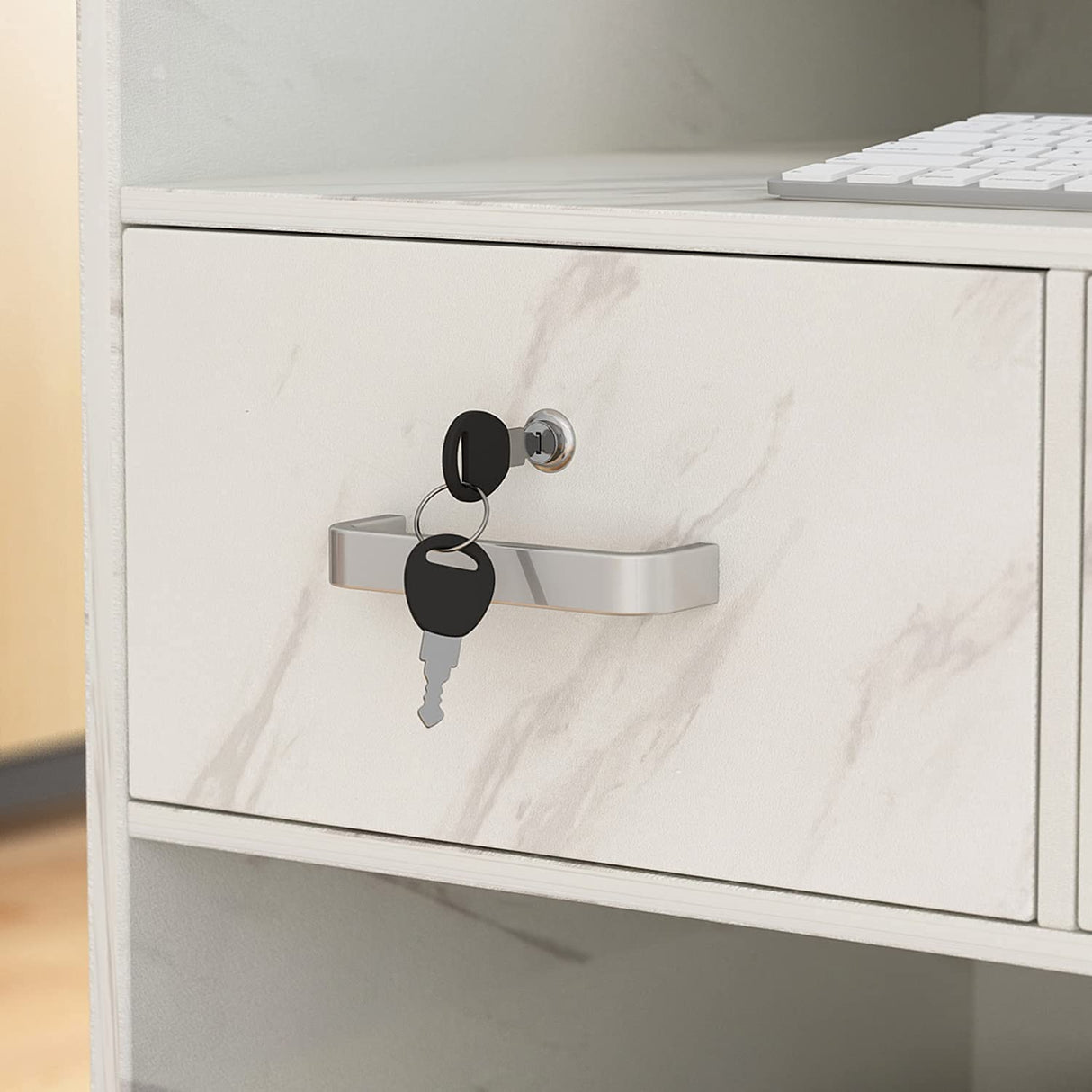 Homsee Modern Reception Desk with 3 Drawers, 1 Door Storage Cabinet & Hutch Shelf, Office Wooden Computer Desk, Writing Study Table PC Laptop Desk, White Marble (47.3" L x 18.3" W x 43.3" H) Homsee