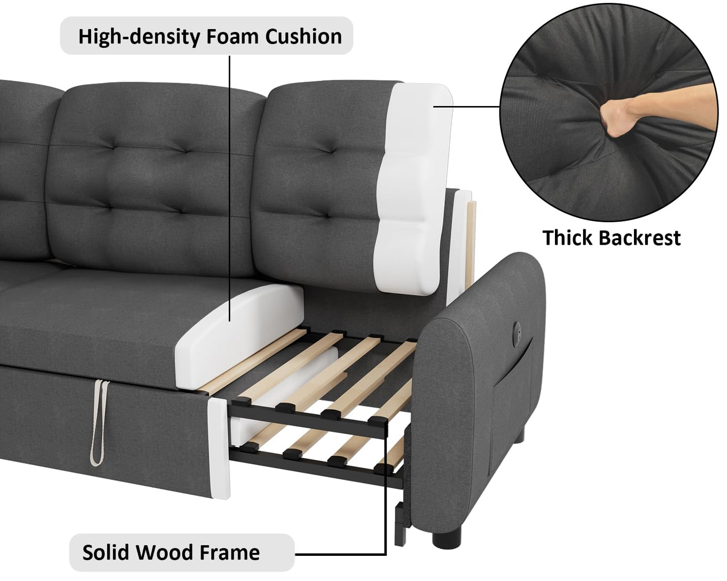 Ucloveria Sectional Sofa Couch, 87" Sleeper Sofa Bed with Reversible Storage Chaise Pull Out Couch for Living Room | Side Pocket | Charging Station | Removable Backrest | Linen Fabric, Dark Grey