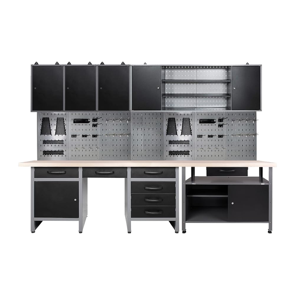 Wood Top Workbench Set System, Included Pegboard Wall Cabinets Wood Table Top, for Garage Basement JZD