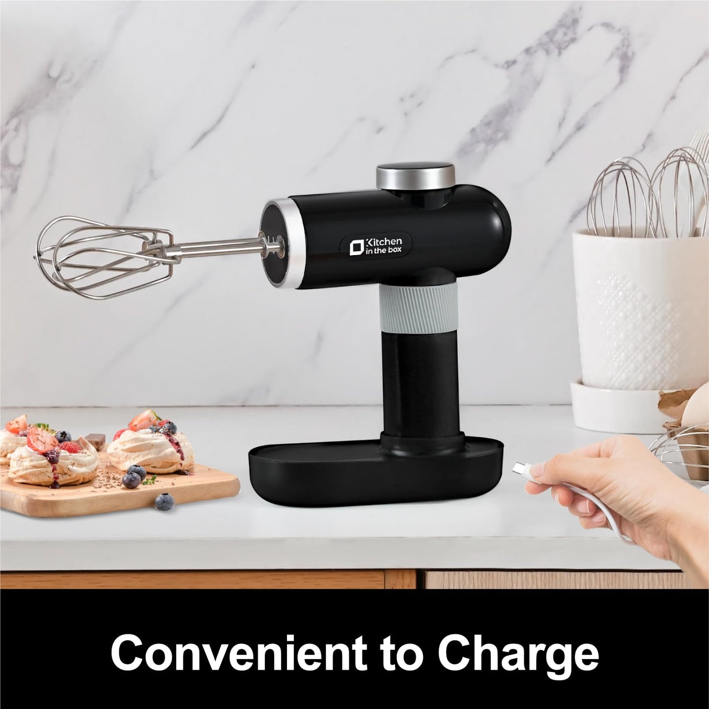 Kitchen in the box Cordless Rechargeable Handheld Mixer for Kitchen, Portable Electric Kitchen Mixer with Beaters, Whisks, 6-Speed Digital Display, Charging Base and USB-C Charge Cable (Classic Black)