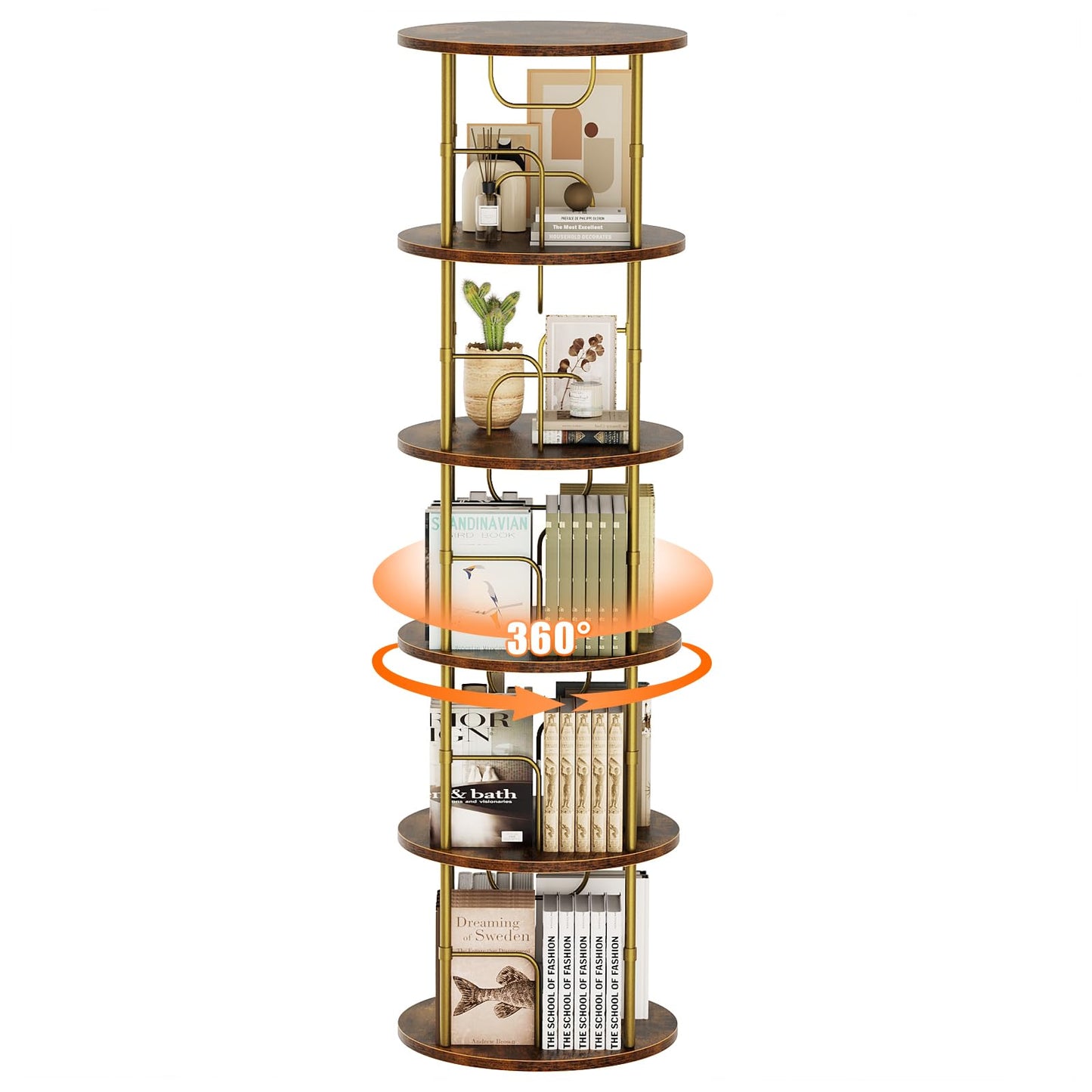 ALLSTAND 5-Tier 360° Rotating Gold Bookshelf - Space-Saving Swivel Bookcase for Stylish Storage - WoodArtSupply