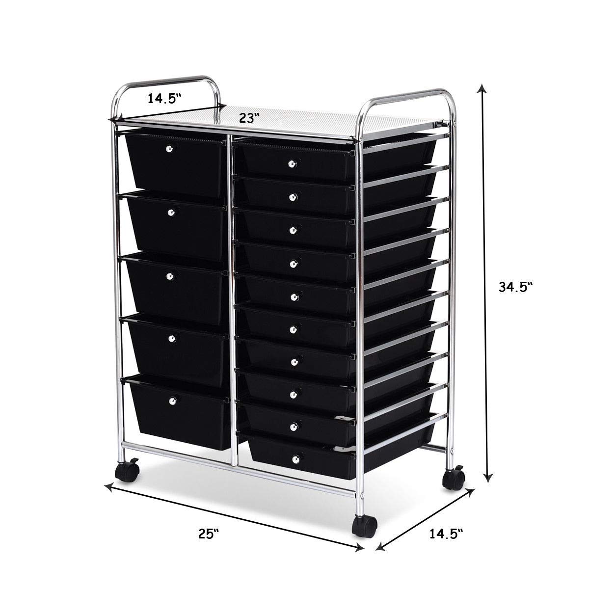 15 Drawer Rolling Storage Cart, Mobile Utility Cart with Lockable Wheels, Drawers, Multipurpose Organizer Cart for Home, Office, School, Black