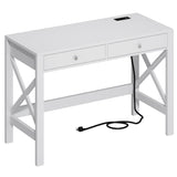 ChooChoo Computer Desk with USB Charging Ports and Power Outlets, 39" White Desk with Drawers, Small Study Writing Table with Stable X Frame for Home Office ChooChoo