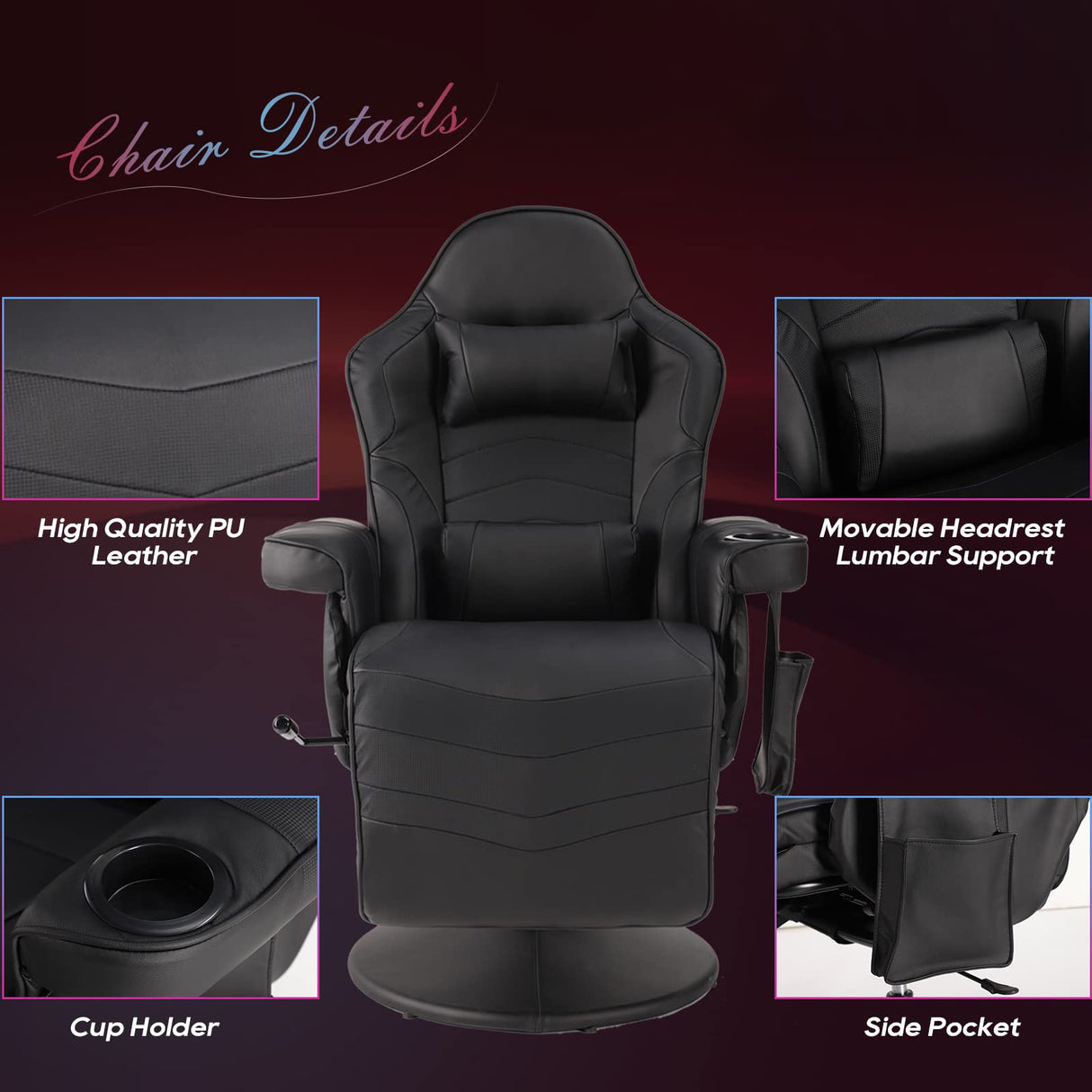 Consofa Gaming Chair, Reclining Gaming Chair with Footrest, PU Leather Massage Video Gaming Recliner Chair w/Adjustable Height, Swivel Gaming Chair with Lumbar Support, Side Pouch (Black) Consofa