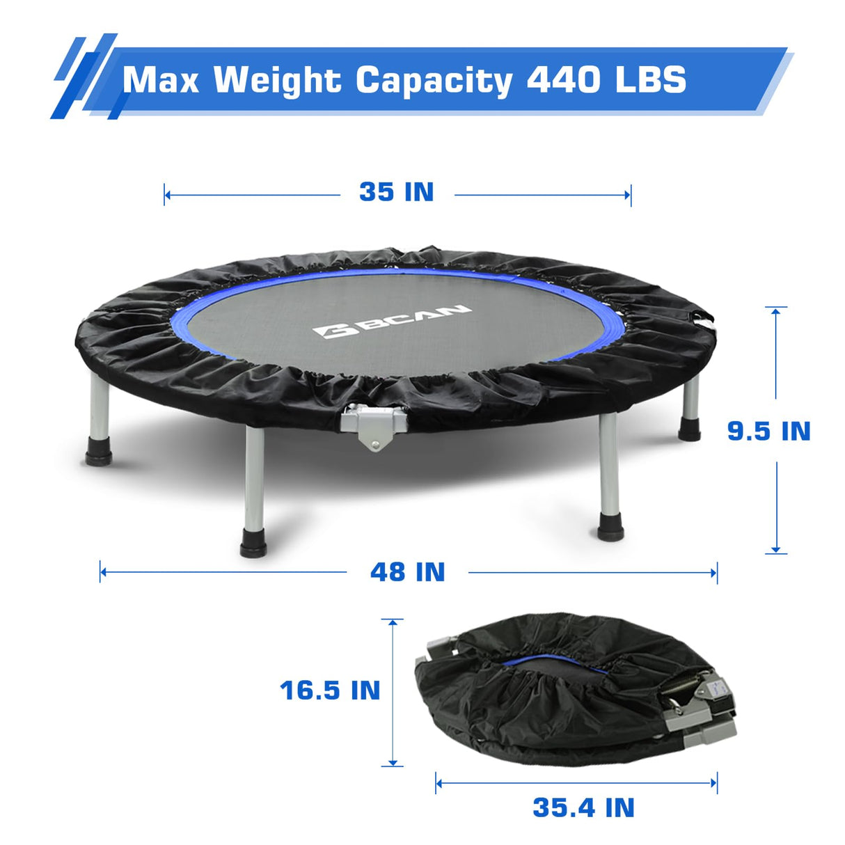 BCAN 48" Foldable Mini Trampoline Fitness Trampoline with Safety Pad, Rebounder Exercise Trampoline for Adults Indoor/Garden Workout, Max Load 440lbs, Black BCAN