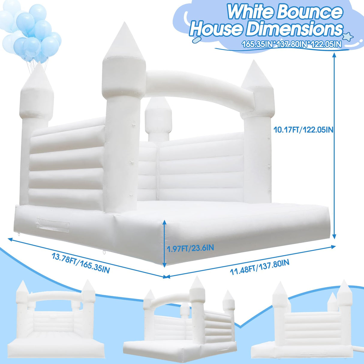 13FT *11FT*10FT White Bounce House Indoor & Outdoor, 2IN1 PVC Large Jumper Inflatable Bouncy House Castle with Blower Easy to Set up for Wedding, Birthday Party Gift with 2 Balls & Balloon Jinrrenyi