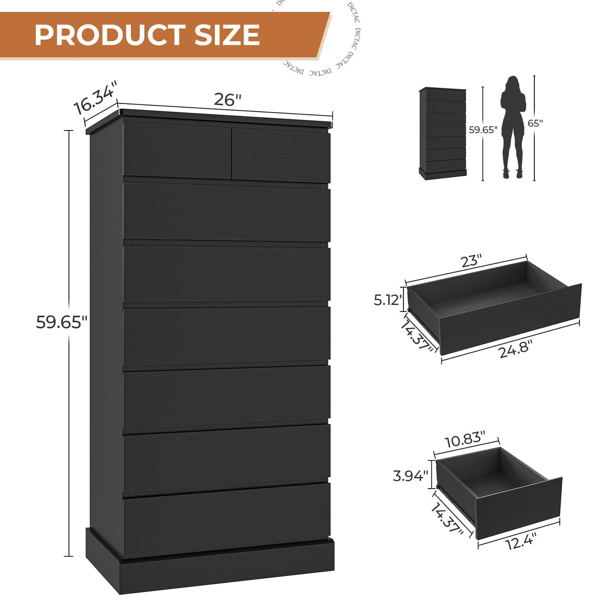 DICTAC Black Tall Dresser for Bedroom with 8 Drawers, 59.6" Tall Dressers & Chests of Drawers, Modern Wood Closet Organizer and Storage Cabinet, Large Vertical Dresser for Bedroom, Closet, Hallway DICTAC