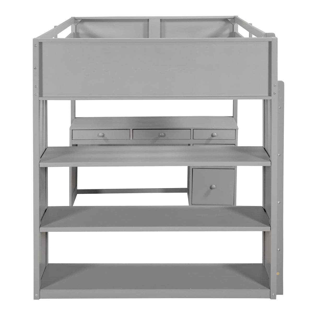 High Loft Bed, Full Bed Frame with Ladder, Shelves and Desk, No Box Spring Needed, Gray Merax