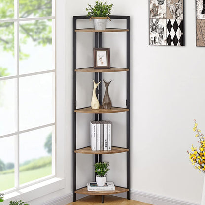 FATORRI Tall Corner Shelf, Industrial Corner Bookshelf, Wood and Metal Corner Shelf Stand for Living Room, Farmhouse Pictures Display Stand for Corner Space (Rustic Oak)