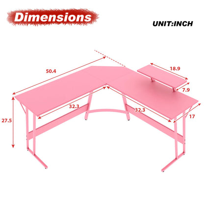 Yewuli 51-inch L Shaped Gaming Desk,Girl‘s Computer Desk, Pink L Shaped Desk for Gaming,Home Office Desks with Detachable Monitor Stand, Corner Desk for Corner,Large,Carbon Fiber,Pink