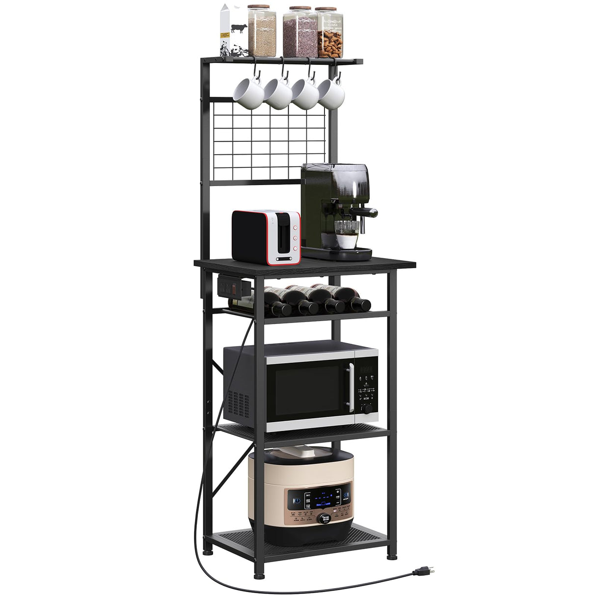 MAHANCRIS Bakers Rack with Power Outlet, Coffee Bar Station with Wine Rack, Bakers Racks for Small Spaces, Microwave Stand for Kitchen, Black BRBK23E01 MAHANCRIS