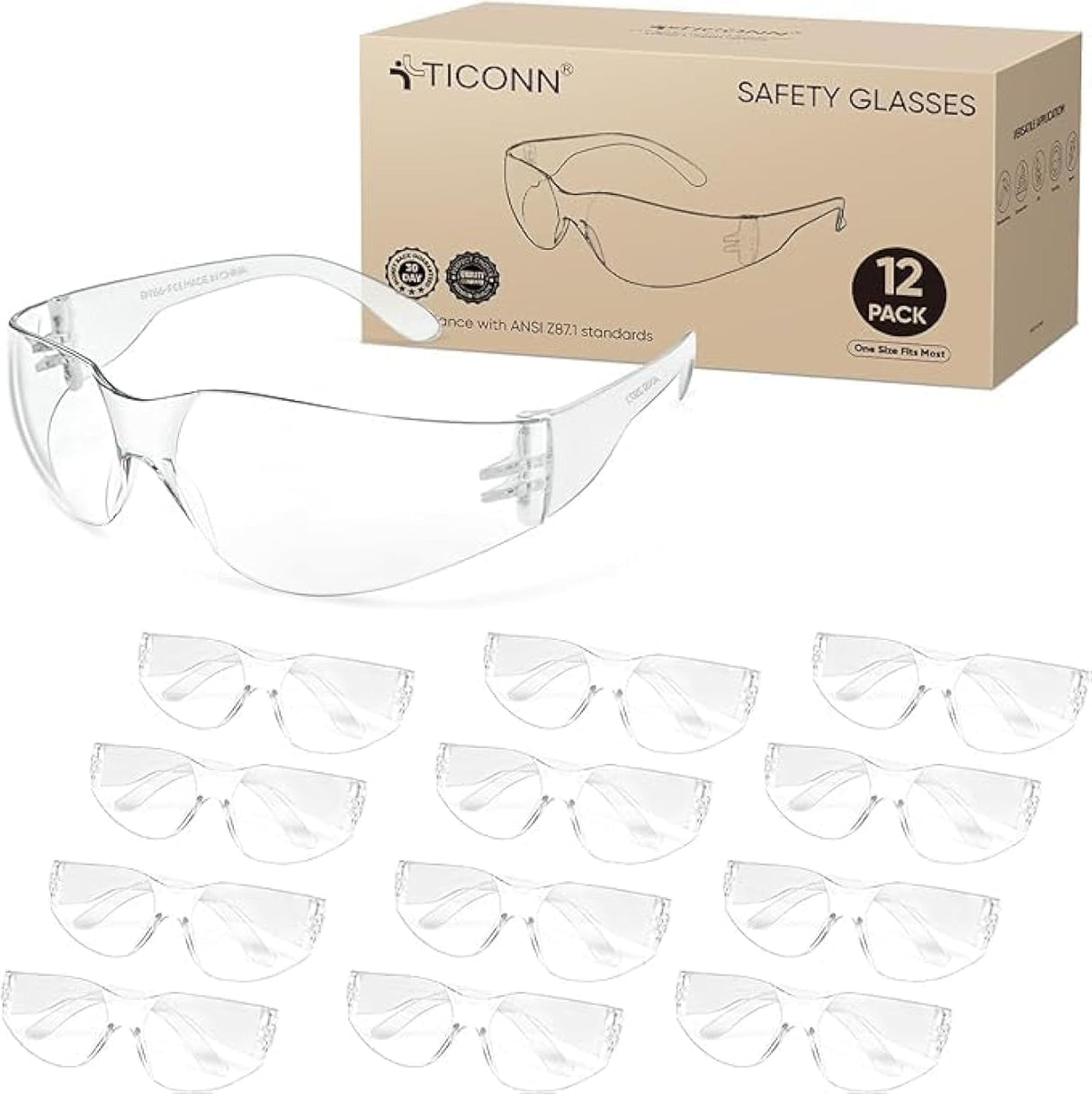 TICONN 12 Clear Safety Glasses for Men, Safety Goggles with Scratch Impact Resistant Meets ANSI Z87.1 Standard (12 Pack) TICONN