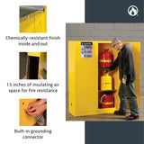 Justrite 45 Gallon Manual Close Flammable Storage Cabinet, 18 Gauge Steel, 2 Shelves, 2 Door Fire Cabinet, 65" x 43" x 18", Made in The USA, Yellow, 894500 Justrite