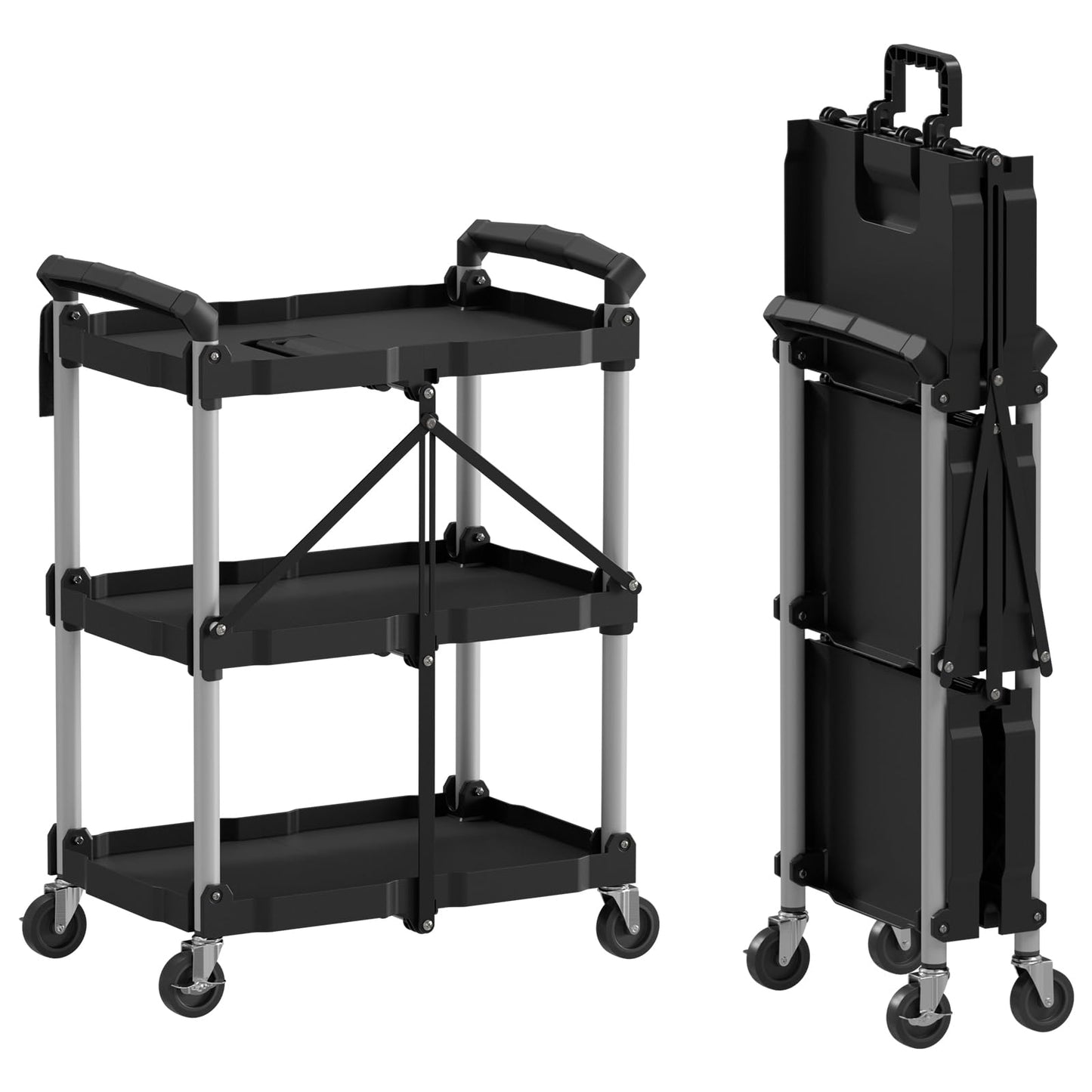 On Shine Foldable Utility Service Cart,3 Tier Folding Utility Cart, 350LBS Capacity - Rolling Cart Utility Cart Foldable Cart with Wheels for Warehouse Home Workshops Garages (Black) - WoodArtSupply