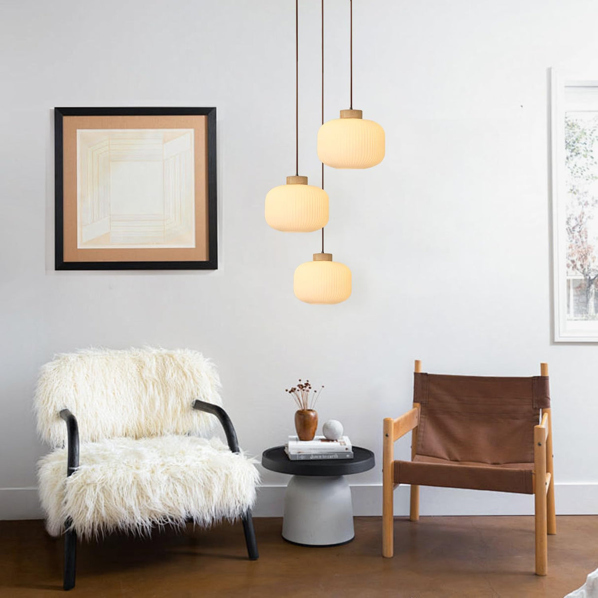 Flyrose Mid Century Modern Large Globe Pendant Light Milk Glass Single Pendant Light White Farmhouse Wood Pendant Lights Kitchen Island Dining Room Light Fixtures Over Table Flyrose