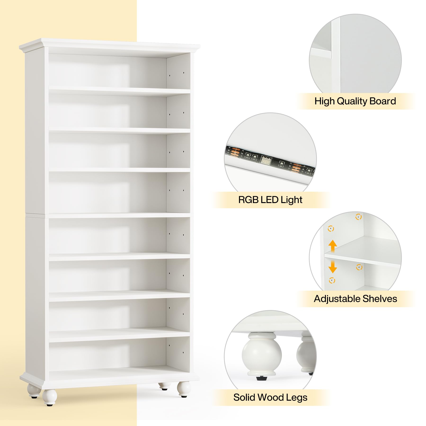 Tribesigns 69-Inch LED-Illuminated 9-Tier Modern Bookcase with Solid Wood Legs - White - WoodArtSupply