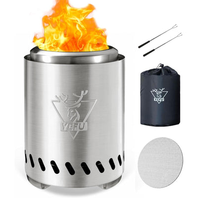 YEFU Tabletop Fire Pit 9.7 x 7.1 in, Low Smoke Camping Stove for Outdoor & Patio, Fueled by Pellets or Wood, Safe Burning Table Top Firepit, with Travel Bag & 2 Mini Sticks & Fireproof Mat, Silver