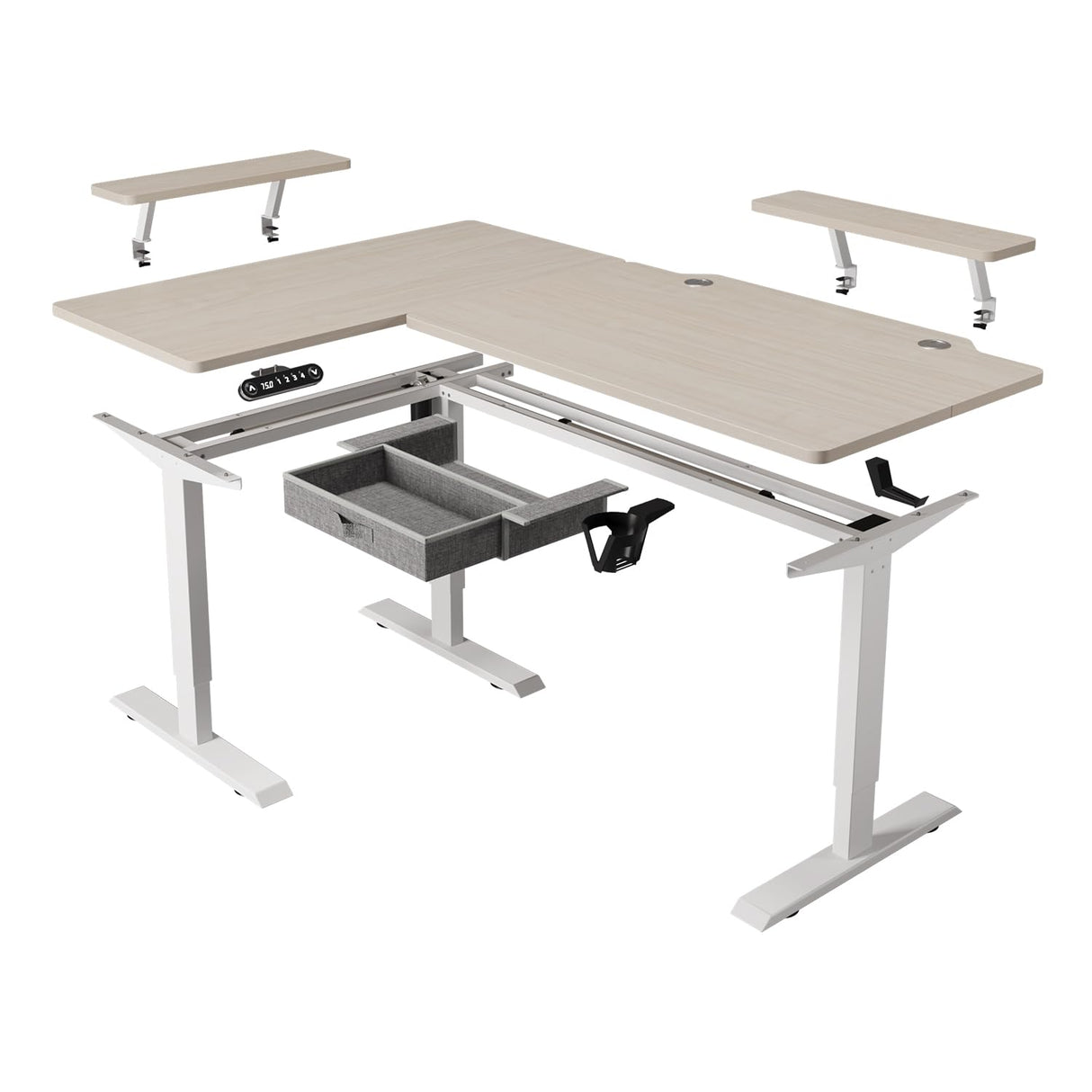 bilbil L Shaped Electric Standing Desk with Drawer, 62x47 Inches Adjustable Height Sit Stand Up Desk with Storage Shelf, Pale Pearwood Top/White Frame bilbil