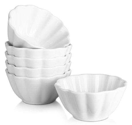 DOWAN Ramekins 4 oz, Creme Brulee Ramekins, Ramiken Oven Safe for Baking, Souffle Dishes Custard Cups, Porcelain Small Dipping Sauces Charcuterie Dessert Bowls, Ceramic Pudding Cups, Set of 6, White DOWAN