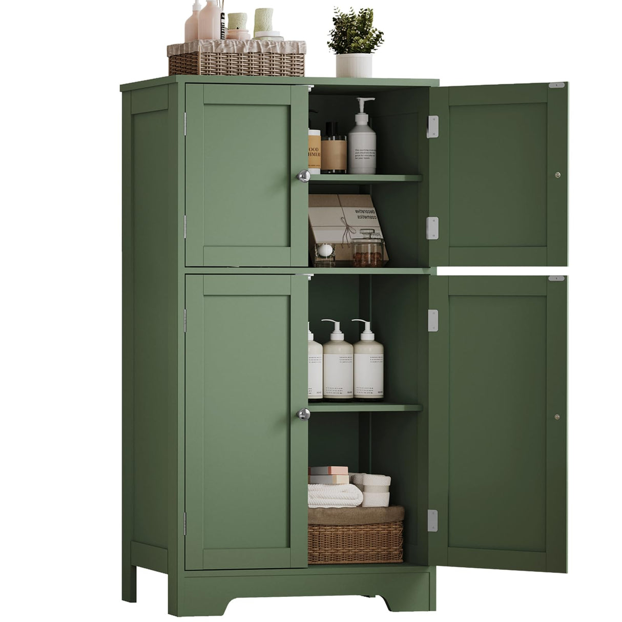 TEENFON Bathroom Floor Storage Cabinet, Freestanding Bathroom Cabinet with 4 Doors & 2 Adjustable Shelves, Cupboard, Floor Cabinets for Living Room, Entryway, Office, Forest Green TEENFON