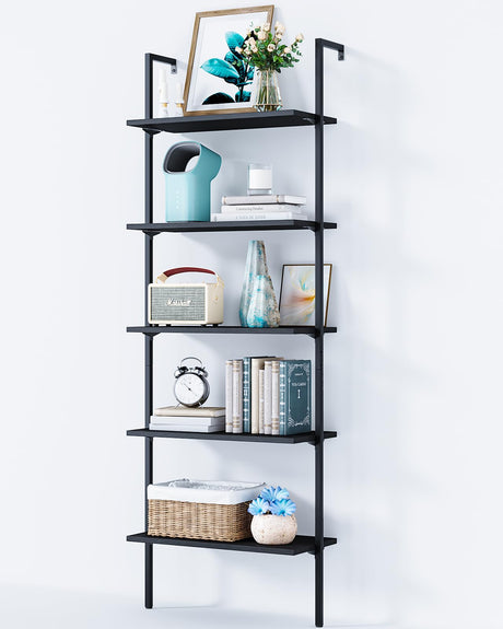 ODK 5-Tier Ladder Shelf, 74 Inches Wall Mounted Ladder Bookshelf with Metal Frame, Open Industrial Shelves for Home Office, Bedroom and Living Room, Black ODK