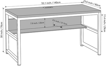 TOPSKY Rustic Brown Computer Desk with Bookshelf and Metal Cable Grommet - 55" Thick & Sturdy Design - WoodArtSupply