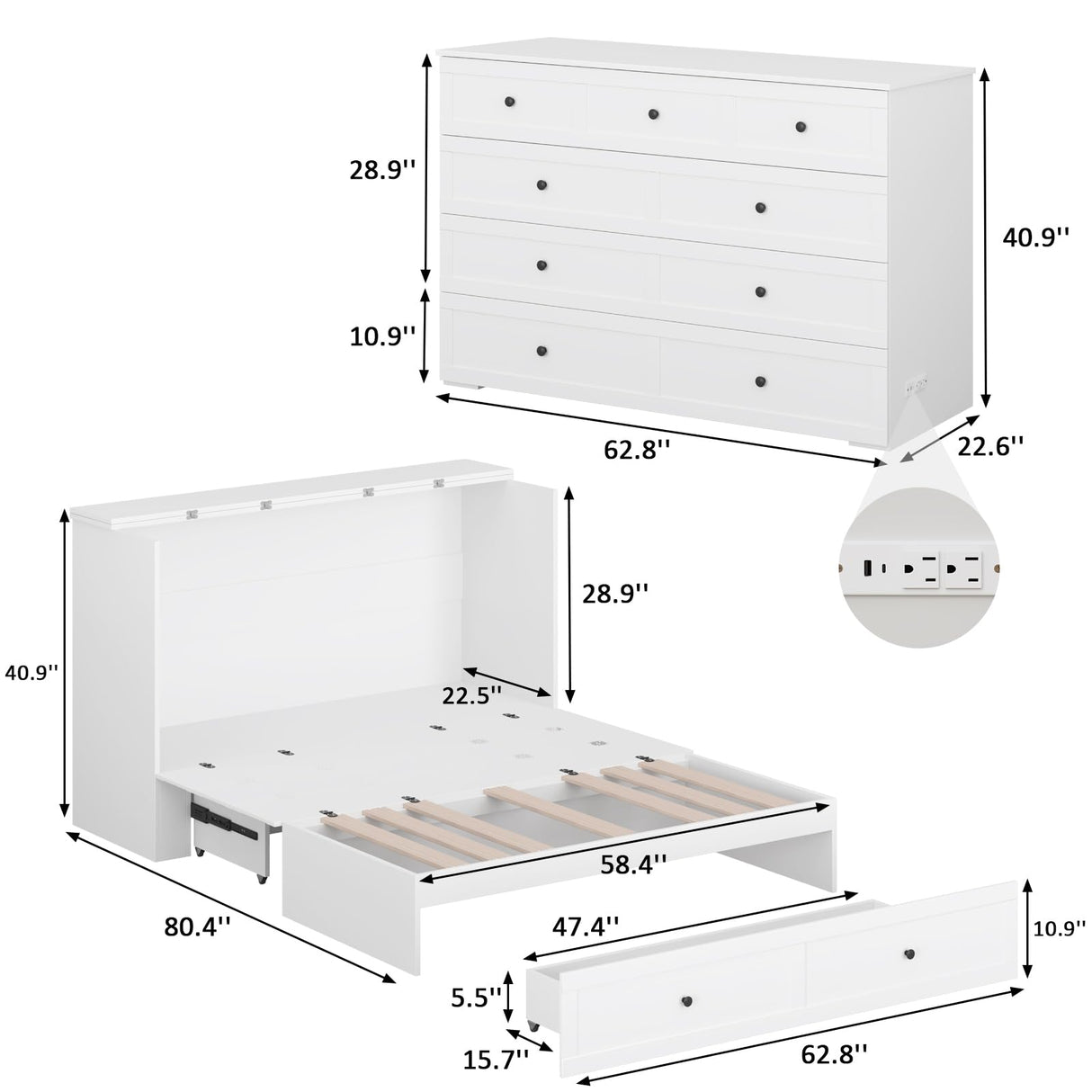 LIVAUVEAD Queen Murphy Bed with Storage & Charging Station, Murphy Cabinet with Foldable Panel, Noisy Free, for Guest Bedroom, Living Room, Office, Distressed White LIVAUVEAD
