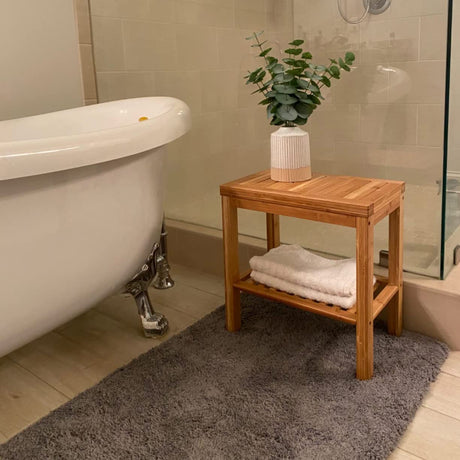 SOUJOY Bamboo Shower Bench, Bath Seat Stool, Spa Foot Rest Shaving Stool, Storage Shelf for Shampoo Towel, Works in Inside Bathroom, Living Room, Bedroom, Garden Leisure SOUJOY