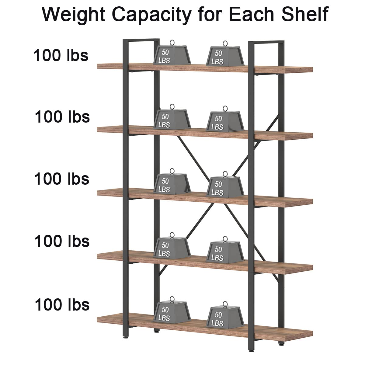 Industrial Rustic Oak 5-Tier Bookshelf Etagere for Home and Office Storage HSH